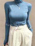 Korean Spring Bosom Showing Thin Long-Sleeved T-Shirt Tight-Knit Bottom Shirt Sex Sexy High-Collar Blouse Woman