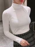 Korean Spring Bosom Showing Thin Long-Sleeved T-Shirt Tight-Knit Bottom Shirt Sex Sexy High-Collar Blouse Woman