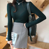 Korean Spring Bosom Showing Thin Long-Sleeved T-Shirt Tight-Knit Bottom Shirt Sex Sexy High-Collar Blouse Woman
