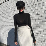 Korean Spring Bosom Showing Thin Long-Sleeved T-Shirt Tight-Knit Bottom Shirt Sex Sexy High-Collar Blouse Woman