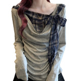 Spring And Autumn Pure Want To Fake Two Lattice Hot Girl Long-Sleeved T-Shirt Girl Autumn Bottom Shirt Tie Inside The Shoulder Jacket