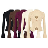 Twisted Long-Sleeved Knitted Shirt Girls Autumn New Pure Sexy Inside Hot Girls Tight Open Fork Coat Wear