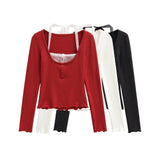 Pure Hot Girl Lace Hanging Neck Two Long-Sleeved T-Shirts In Autumn To Repair Slim Bottom Shirt