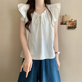 Dopamine Crane In Blue Design Small Flying Sleeve Shirt Women Summer Loose Bow Doll Shirt Beauty Top