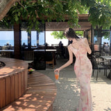 Tea Break French Pink Dizzying Flowers V Tie Sling Dress Super Beautiful Bag Butt Temperament Long Dress