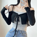 Lace Strap Sling Jacket Bow Shawl Long-Sleeved Top Short Korean Autumn New Pure Desire