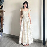 French Style Neck Rice White Girly Dress Women's New Thin Fairy Wave Wave Long Dress