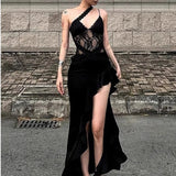 French Fishing Lace Splicing Slinging Dress Women Design Spring Summer New Open Fork Display Thin Dress