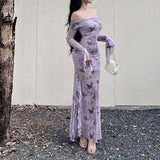 2025 New Chinese-Style Shoulder Mesh Long-Sleeved Dress Women Autumn Sexy Body-Body-Bum Bag Fishtail Dress