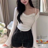 Autumn Temperament Fashion Folds Slime Body Sling T-Shirt + Korean Short Long-Sleeved Open Shirt Two Sets Of Women