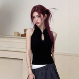 National Wind Coat Wearing New Chinese Style Buckle Sleeveless Knitted Vest Woman Hanging Neck Repair Summer Hottie