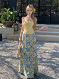 Yunnan Island Holiday Set Female Dopamine Yellow Hanging Neck Blouse High Waist Broken Flower Skirt Two Sets