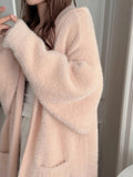Autumn And Winter Soft Imitation Water Velvet Hooded Knitted Cardigan Women's Style Lazy Style Loose Long Thick Sweater Coat