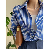 2025 New Blue Striped Shirt Women Spring And Autumn Design Sense Small Loose Temperament Chic Shirt Top Woman