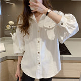 Spring And Autumn 2025 Loose Casual White Shirt Women Solid Color Thin With Long-Sleeved Shirt Coat Women Free Of Hot 3D