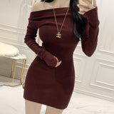 New Two-In-Two-Swear Oblique Shoulder Dress A Word-Word Bag Hip Skirt Short Skirt Tight-Nender Sleeve Bottom Dress Autumn Winter South Korea