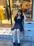 Sweet Babes Doll Collar Lattice Dress Women Summer College Style Design Princess Dress Bubble Sleeves Waist Skirt