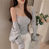 Autumn And Winter New Temperament Repair Knitted Sling Sling Vest + Korean Long Sleeve Open-Shirt Show Two Sets Of Women