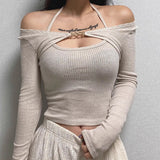 Spring New Temperament Repair Chest Hanging Neck Vest T-Shirt + Metal Buckle Sunscreen Shirt Sleeve Two Sets Of Women