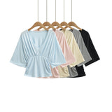 Bat Long-Sleeved Deep V-Neck T-Baender 2026 Summer New Hot Girl Windy Loose Waist Wrinkled Folding Top