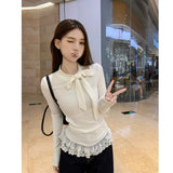 The Bow Under The Hem Lace Splicing Long-Sleeved T-Shirt Girl Spring And Autumn French Pure Lust Style To Put On The Bottom Of The Top
