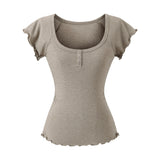 Korean Niche Design Sense U-Neck Short-Sleeved T-Shirt Women 2026 Summer New Button Lace Slime Top Tide