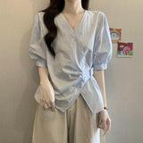 Irregular V-Neck Summer Large-Size Fat Mm Exclusive White Short-Sleeved Shirt Showing Thin Unique Waist Design Top