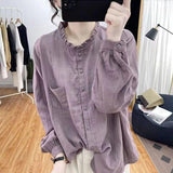 Pure Cotton Long-Sleeved Shirt Women 2025 Spring And Autumn Solid Color Retro Loose Fashion Thin Set Shirt Wear