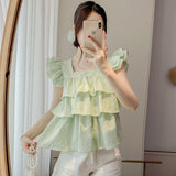 Mint Green Lotus Side Small Flying Sleeve Chiffon Top Women's Summer Age Reduction Texture Fluffy Short-Sleeved Shirt Sunscreen