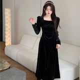 Golden Velvet Black Collar Dress Women's Autumn Long-Sleeved Dress Folded Waist Dress Retro Niche Does Not Bump