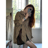 Striped Open Fork Shirt Women Spring And Autumn 2025 New Loose Shirt Niche Coat Shirt Female Design Sense