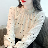 Spring And Autumn French Slimy Flowers Half High Collar Outside Wearing A Shirt Lady Shirt With Long-Sleeved Top Temperament Elegant