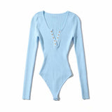 V-Neck Buckle Babes Dress Design Long-Sleeved Sexy Elastic Body Solid-Colored Bottom Shirt