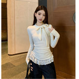 The Bow Under The Hem Lace Splicing Long-Sleeved T-Shirt Girl Spring And Autumn French Pure Lust Style To Put On The Bottom Of The Top