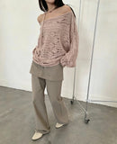 2026 Early Autumn New Oblique Open Shoulder Tie With Hollow Knitted Shirt Girl Lazy Temperament Loose Thin Sweater Hoodie