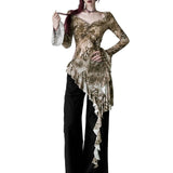 Net Yarn Dyed Lotus Leaf Side Collar Long-Sleeved T-Shirt Girl Blouse Spring Autumn Hot Girl Body Irregular