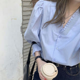 V Collar Wood Ear Soak Sleeve Shirt Female Spring And Autumn Temperament Korean Chic Top Elegant French High-End Feel Top