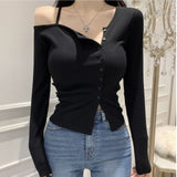 Twisting Pink Button Design Cardigan Body Thin Shoulder Slings Irregular Coat Long-Sleeved Women's T-Shirt Thread