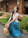 Seaside Vacation Blue Oil Painting Broken Flower Dress Women Summer New Strap High Waist Long A Dress