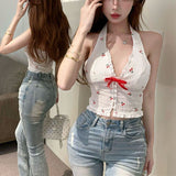 French Idyllic Cherry-Print Bow V-Neck Hanging Neck Sling Pure Sweet Hot Sexy Back Dress Woman Summer