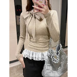 The Bow Under The Hem Lace Splicing Long-Sleeved T-Shirt Girl Spring And Autumn French Pure Lust Style To Put On The Bottom Of The Top