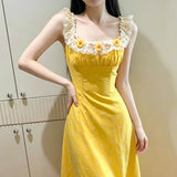 Summer Beautiful Yellow Dress Women French Country Idyllic Little Skirt Holiday Sweet Dress Sleeveless