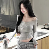 Gray U-Neck Spring New Tight Body Show Bare Shoulder Long Sleeves And Bottom Shirt T-Shirts South Korea's New Top