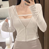 Two Sets Of Hooded Zippered Sweating Long Sleeves Short Top + Bra Vest South Korea Tight Thin New Autumn
