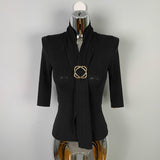 Belt Ribbon Design Seven-Sleeve Top To Slim Thin Knitted Women's Metal Buckle Summer New Short-Sleeved South Korea