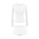 Pure-Style Sexy Hottie Set Spring Warehouse Round Collar Buckle Long-Sleeved T-Shirt Low-Waisted Hip Shorts Skirt Girl