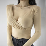 South Korea's Dongdae Gate Folded Cross Short-Sleeved Blouse Female Umbilical Pus Soft V Collar Tight-Up Chest Figure