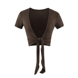 Temperament Pure Style Outside The Strap Shawl Short-Sleeved T-Shirt Girl Summer Hot Girls Folded Casual High-Waist Dance Tops