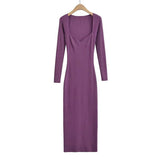 Pure Hot Babes Temperament Square Long Sleeve Knitted Dress Women Autumn Waists Thin Bottoms And Hips Long Skirt