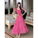 2025 New Light Luxury Feeling Waist Slim Floral Dress Rose Red Especially Beautiful Podle Dress Summer Girl